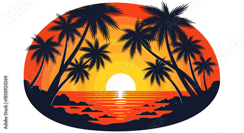 A vibrant vector illustration captures a tropical sunset over the sea, with silhouetted palm trees framing a serene and inviting coastal scene, perfect for travel themes.