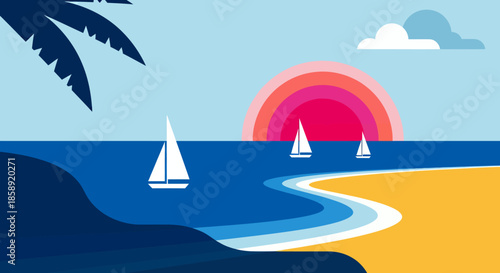 A vibrant vector illustration captures a serene tropical beach sunset, featuring sailboats gracefully gliding across the blue ocean waves with palm tree silhouettes.
