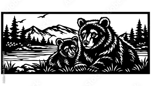 Bear Family Nature Scene Decorative Panel Vector,  for Laser Cut
