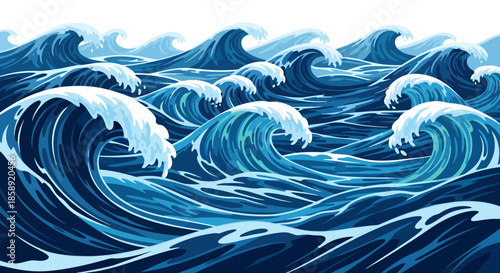 Stylized vector illustration of a vast, undulating sea with rolling waves and whitecaps, creating a dynamic and visually appealing marine background design, perfect for various applications.