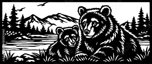 Bear Family Nature Scene Decorative Panel Vector,  for Laser Cut