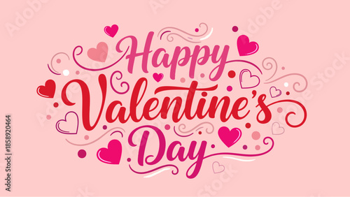 Festive 'Happy Valentine's Day' elegant script lettering design with decorative swirls and charming hearts on a soft pink background, ideal for romantic greetings