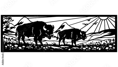 Bison Nature Scene Decorative Panel Vector