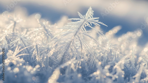 Delicate frosty snowflakes glisten in morning light