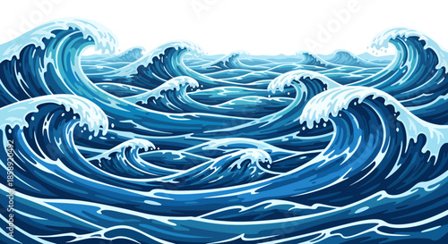 A dynamic vector illustration showcases a vibrant blue sea with stylized waves, perfect for backgrounds and designs needing a nautical or oceanic theme, conveying energy.