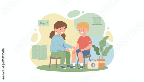 Sister or friend applies bandage to boys scraped knee Pediatric first aid and wound care illustration