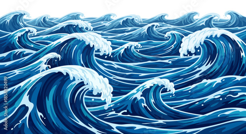 A dynamic illustration of powerful blue ocean waves with white foam crests, rendered in a clean vector style perfect for a vibrant background design.