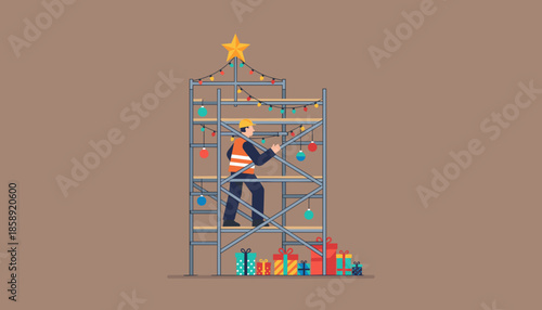 A construction worker decorates scaffolding shaped like a Christmas tree representing holiday industry concepts