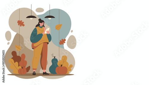 Woman using smartphone indoors in a cozy autumnal setting Flat vector illustration