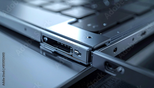 Wallpaper Mural Technology's Edge: A close-up view of a sleek, silver laptop, revealing intricate details of its design and the technological innovation within. Torontodigital.ca