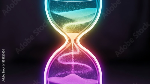 Vibrant hourglass with colorful sand flowing in a neon lit environment