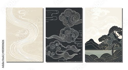 Elegant vector art featuring a serene sea, stylized clouds, and a distant mountain range, creating a peaceful and scenic background for various design projects.