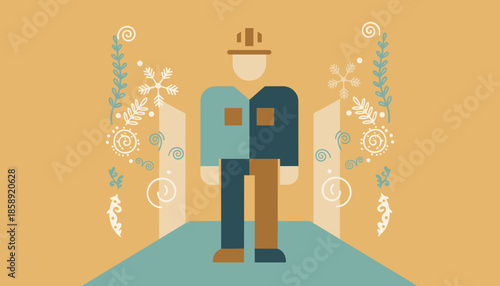 Industrial worker in hard hat flat geometric design Construction repair or maintenance concept