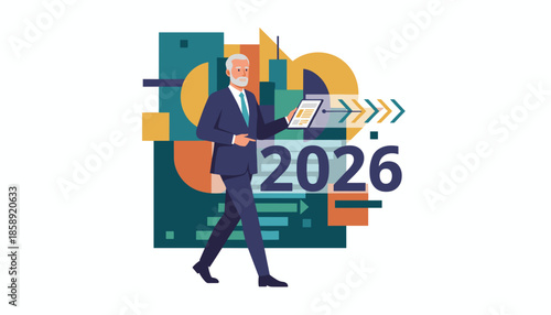 Senior executive with tablet walks toward 2026 Business planning future strategy and digital data concept