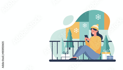 Happy woman texting on phone on a winter balcony with gifts and snow