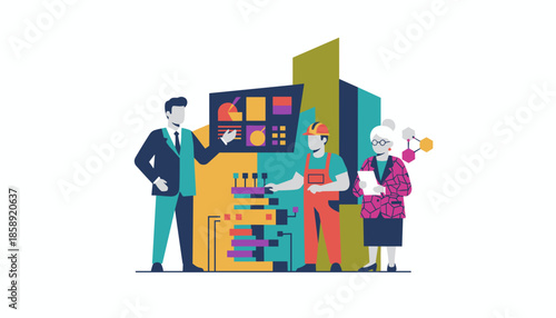 Diverse team analyzing engineering data production and technology workflow visualization