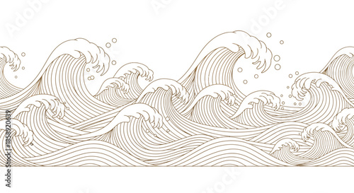 A beautifully rendered seamless vector pattern featuring stylized ocean waves in a classic Japanese Ukiyo-e art style, perfect for a decorative background.