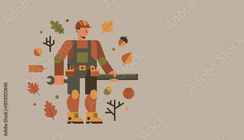Fall maintenance worker holding tools surrounded by autumn leaves and acorns Seasonal service or landscaping illustration