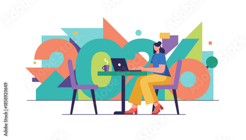 Remote work concept woman using laptop surrounded by vibrant geometric shapes