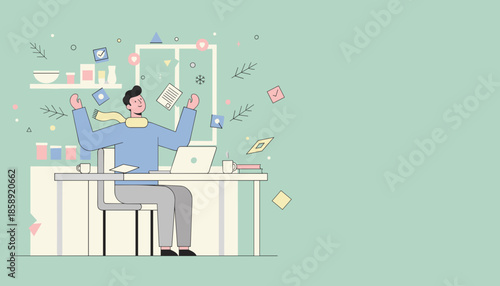 Happy employee celebrates task completion while remote working Minimalist business illustration
