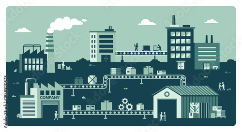 Industrial supply chain process illustration showing factories buildings and workers moving goods
