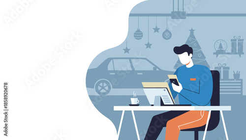 Remote work during holidays Man uses laptop and phone near a Christmas tree and parked car