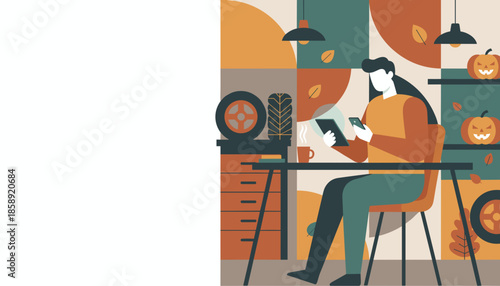Person using tablet and phone in a cozy autumnthemed office or workshop Digital multitasking concept