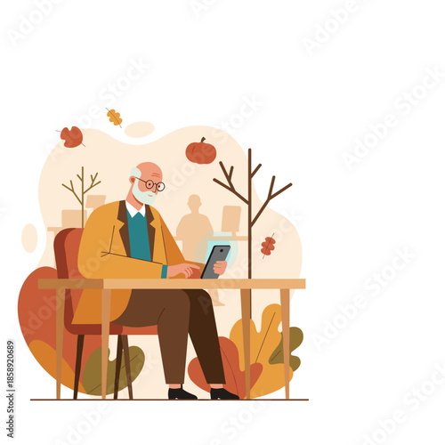 Senior man using a smartphone at a cafe table in a cozy autumnal setting Digital literacy for older adults illustration