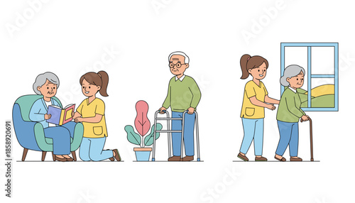 Professional elder care service Caregiver assists seniors with daily life activities and companionship