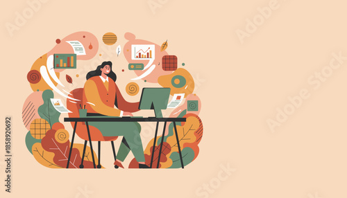 Professional woman works efficiently at her desk managing data and business growth