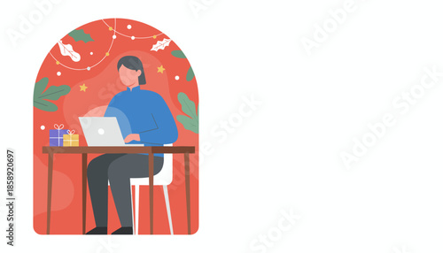 Festive remote work Person uses laptop surrounded by Christmas decorations and gifts