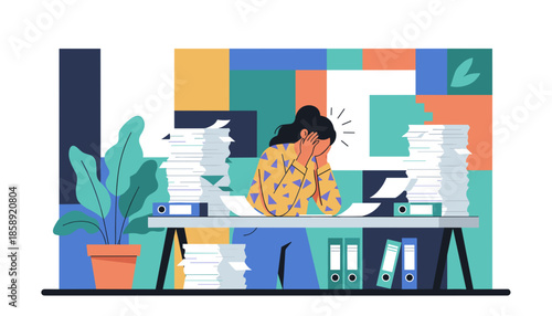 Overwhelmed woman stressed by excessive paperwork and burnout at her cluttered office desk