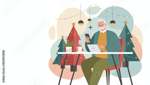 Senior man working remotely on laptop and phone in a festive cozy Christmas setting
