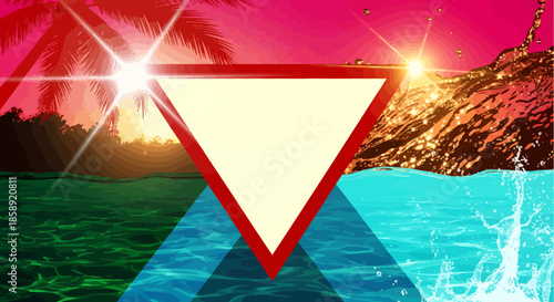 An eye-catching digital vector background showcasing a prominent central triangle surrounded by vibrant tropical elements, including ocean water and a sunset sky.