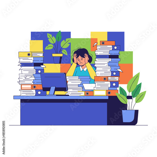 Stressed office worker buried under piles of documents representing burnout overwork and bureaucracy