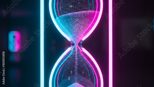 Neon hourglass with pink and blue lights in dark room