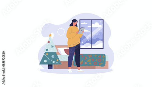 Woman using a tablet near a Christmas tree in a cozy room with snowy window view Holiday preparation and digital connection
