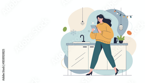 Woman using tablet in a decorated kitchen checking smart home or holiday plans