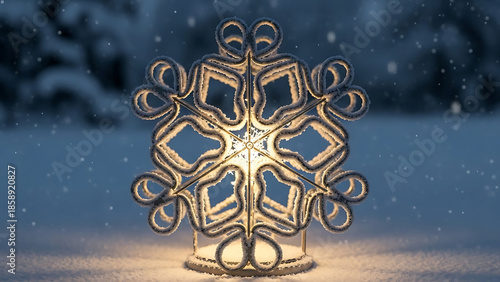 Beautiful illuminated snowflake decoration in snowy landscape