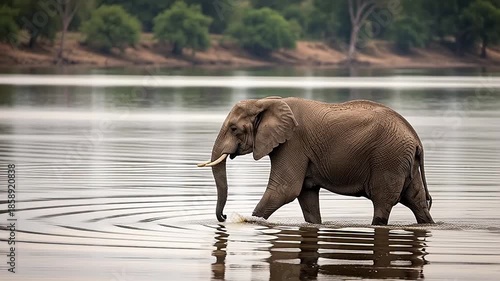 Wallpaper Mural Majestic African elephant gracefully wades through tranquil river, its powerful presence creating ripples on the water's surface amidst a serene natural landscape Torontodigital.ca