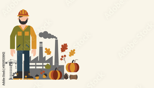 Industrial worker and factory illustration combined with fall seasonal icons pumpkins leaves acorn Copy space