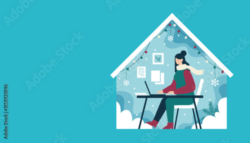 Woman working remotely on a laptop inside a festive snowy home during the winter season