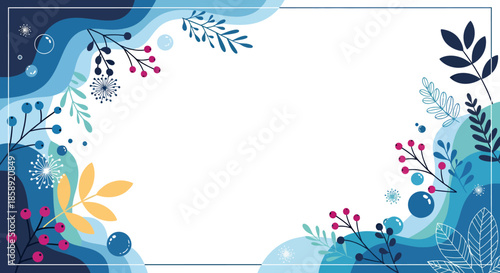 A beautiful abstract vector illustration featuring stylized winter foliage, berries, and flowing blue wave shapes creating an elegant decorative frame or background.