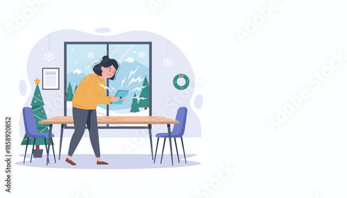 Frustrated woman having connectivity issues on a tablet indoors during winter holidays