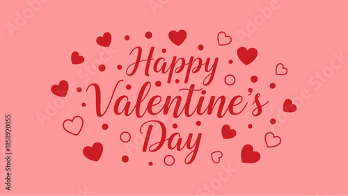 A vibrant illustration of 'Happy Valentine's Day' text surrounded by red hearts and dots on a pink background, perfect for expressing love and romance