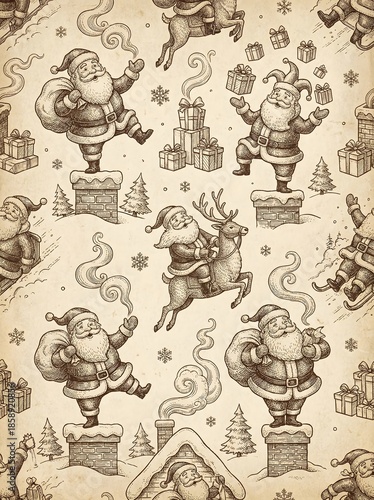 Wallpaper Mural Seamless vintage Christmas pattern with Santa Claus characters, gifts and reindeer, hand drawn festive illustration for holiday wallpaper, wrapping paper, and seasonal design Torontodigital.ca