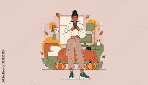 Young woman uses smartphone in an autumnal room Fall lifestyle technology and cozy home concept