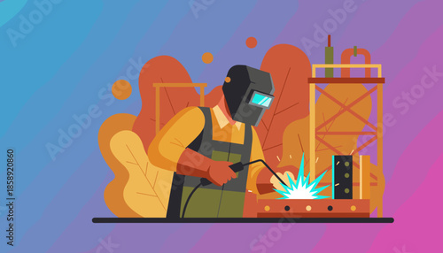 Professional welder working with sparks in a colorful modern industrial illustration concept
