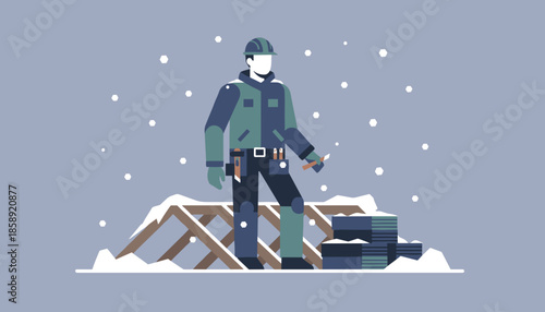 Roofer in winter gear stands on a snowy roof structure working in cold weather