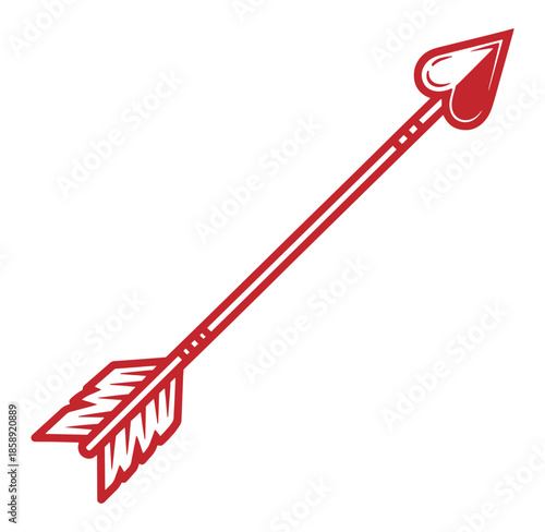 Red arrow with feather fletching and sharp tip  isolated on white background